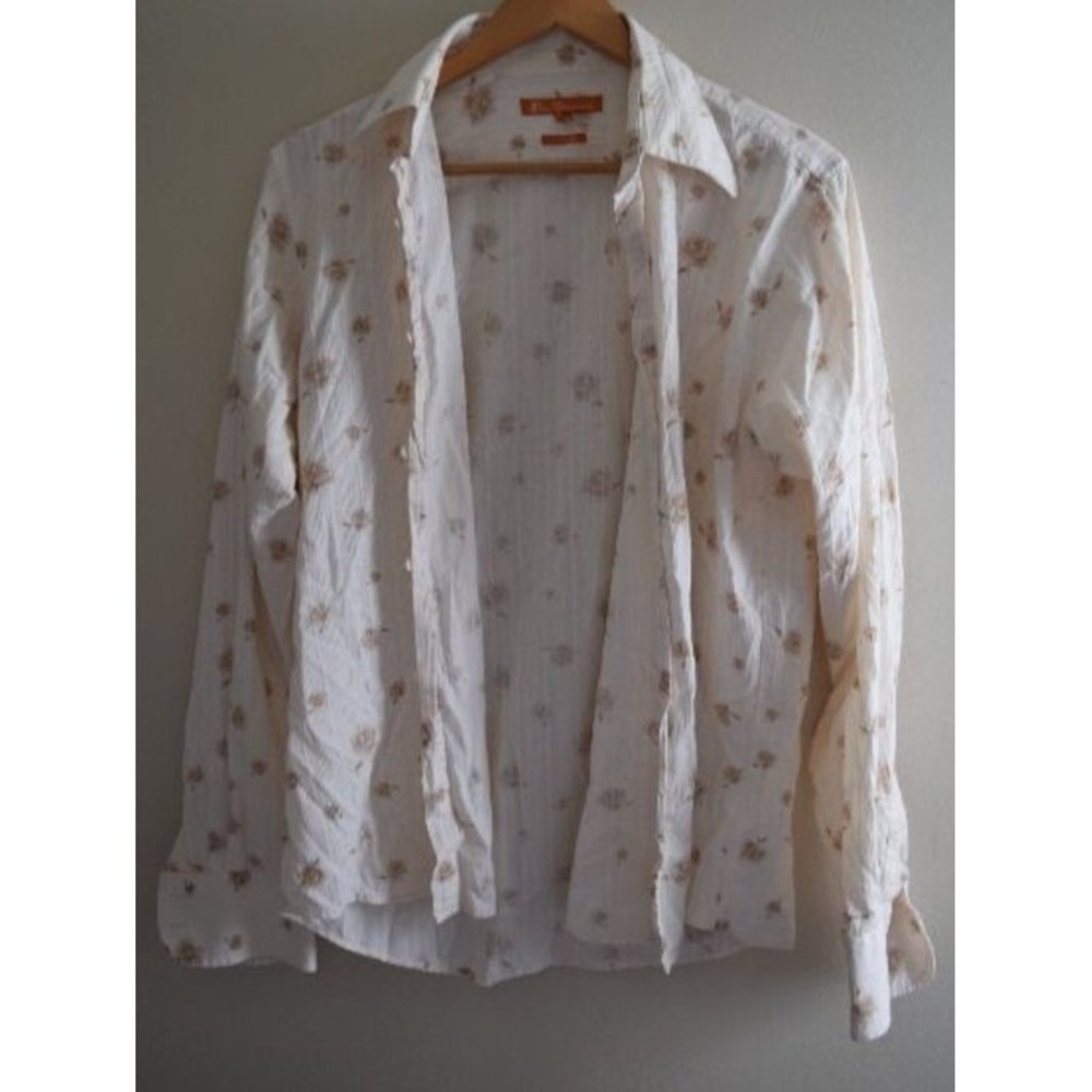 Vintage Button Up Ivory Ribbed Floral Boho Indie Eclectic Coastal Lightweight L
